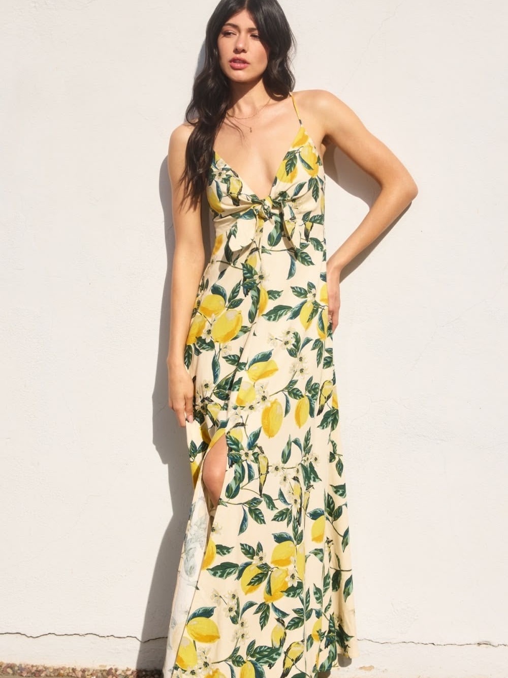 Dress Forum Lemon-Print Tie-Front Maxi Dress - Cream & Yellow